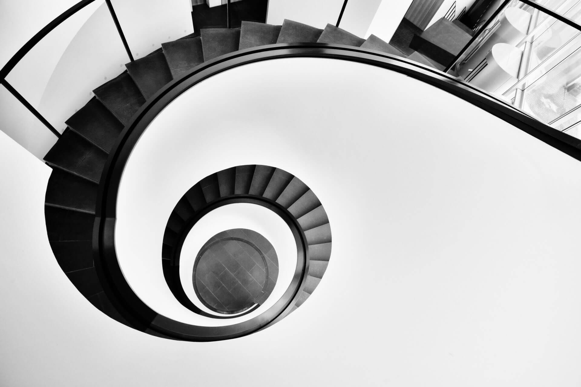 Spiral staircase in black and white.