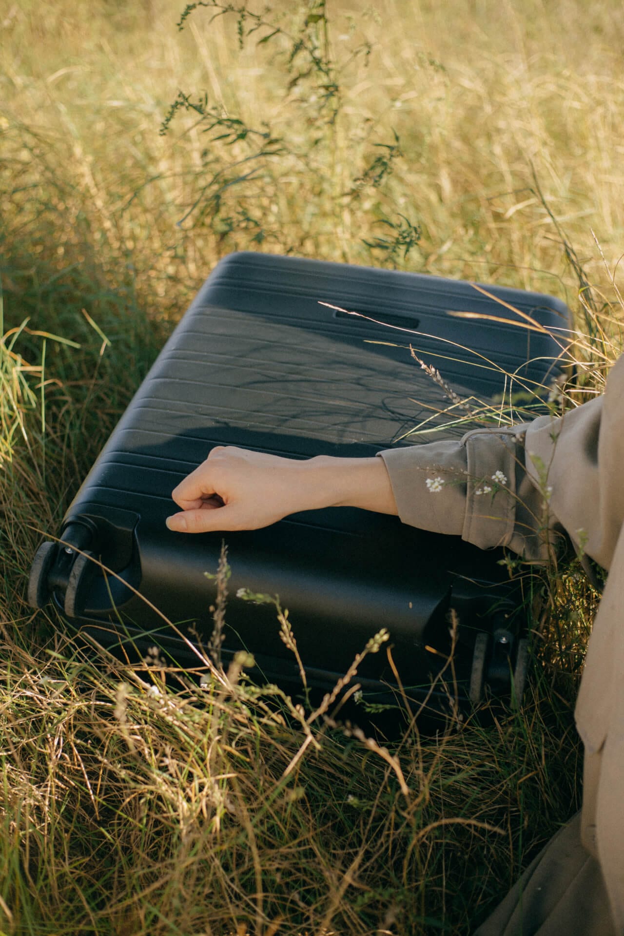 Hand resting on suitcase in grassy field.