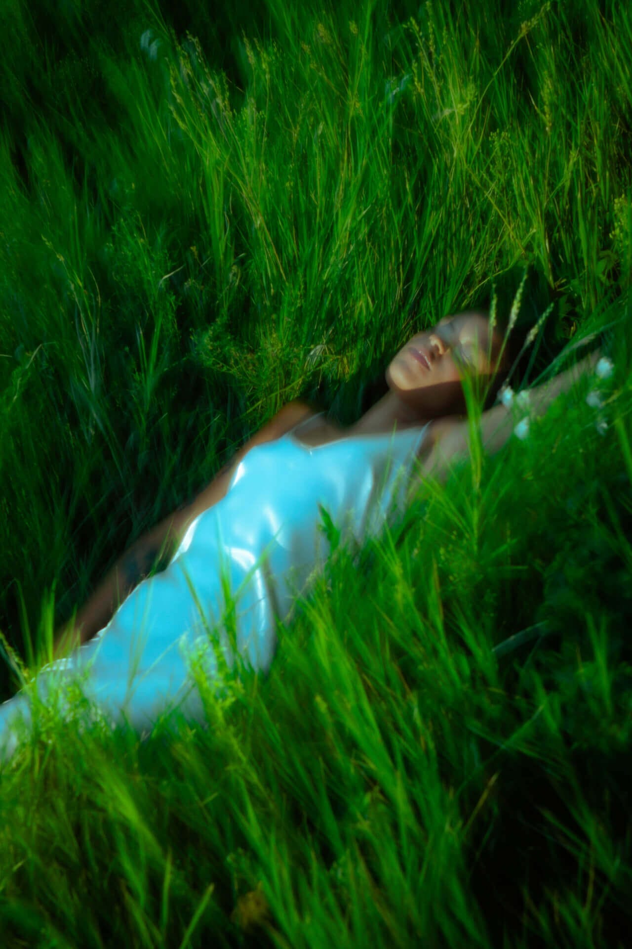 Person lying in lush green grass.